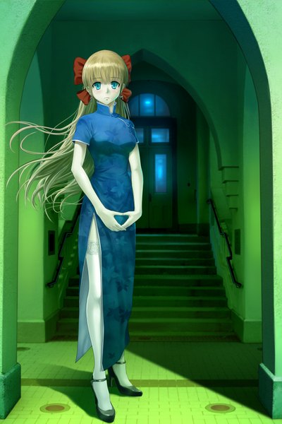 Anime picture 2363x3543 with original denhijou niki single long hair tall image highres blue eyes blonde hair standing chinese clothes girl thighhighs bow hair bow white thighhighs chinese dress stairs
