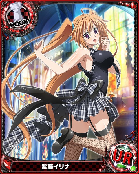 Anime picture 640x800 with highschool dxd shidou irina single tall image looking at viewer blush open mouth light erotic brown hair purple eyes twintails very long hair card (medium) girl thighhighs dress short dress fishnet stockings