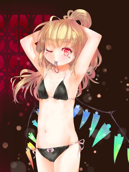 Anime picture 1024x1368 with touhou flandre scarlet culter long hair tall image blush blonde hair red eyes one eye closed wink loli mouth hold girl navel swimsuit bikini wings black bikini crystal