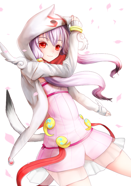 Anime picture 707x1000 with vocaloid yuzuki yukari as (niconico) single long hair tall image looking at viewer blush fringe simple background smile red eyes standing twintails animal ears pink hair tail animal tail cat ears grey background