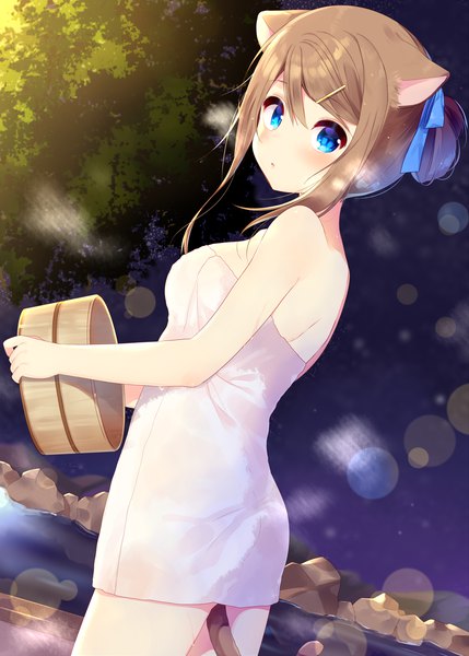 Anime picture 1332x1863 with original mafuyu (chibi21) single tall image looking at viewer blush fringe short hair blue eyes light erotic hair between eyes brown hair standing animal ears payot tail parted lips animal tail looking back cat ears
