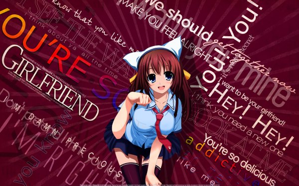 Anime picture 2560x1600 with original tomose shunsaku single long hair looking at viewer highres blue eyes light erotic wide image sitting signed red hair inscription wallpaper girl thighhighs uniform school uniform miniskirt necktie