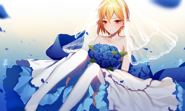 Anime picture 2000x1200 with ensemble stars! nito nazuna asd13 single blush fringe highres short hair blonde hair hair between eyes red eyes wide image bare shoulders embarrassed otoko no ko androgynous thighhighs dress boy flower (flowers)