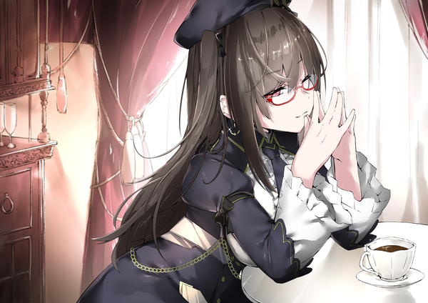 イラスト 4093x2894 と アズールレーン london (azur lane) コットン ソロ 長髪 カメラ目線 前髪 highres hair between eyes 赤い目 茶色の髪 座る payot absurdres indoors one eye closed ウィンク wide sleeves puffy sleeves ワンサイドアップ