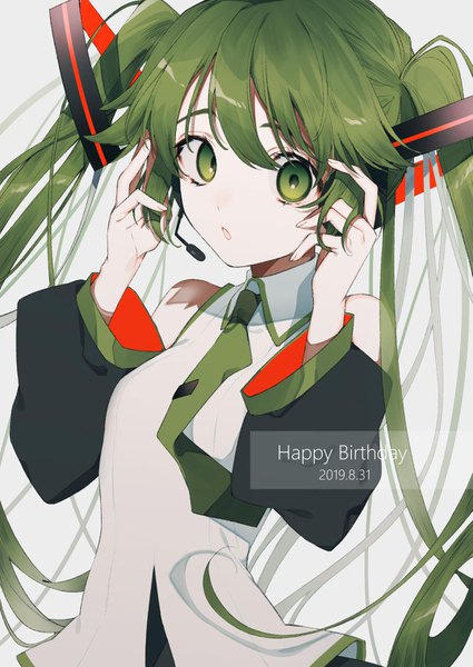 Anime picture 1075x1518 with vocaloid hatsune miku naomato single long hair tall image twintails bare shoulders green eyes upper body green hair :o dated happy birthday girl detached sleeves necktie headphones headset