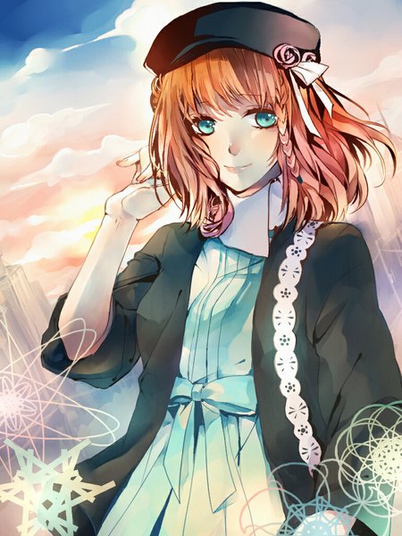 Anime picture 768x1024 with amnesia idea factory heroine (amnesia) hitomi aki (artist) single tall image blush short hair breasts blue eyes smile looking away sky cloud (clouds) outdoors red hair braid (braids) side braid girl dress