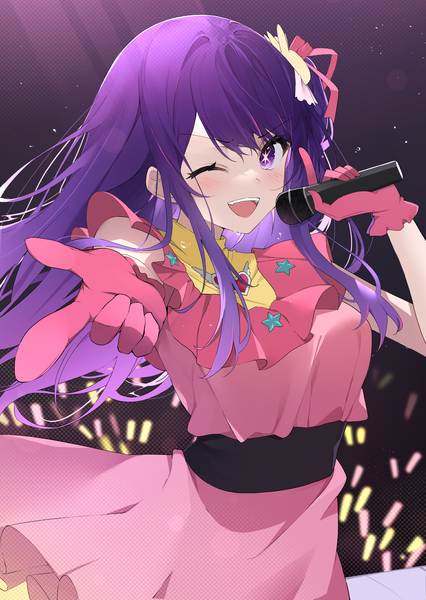 Anime picture 3082x4338 with oshi no ko hoshino ai (oshi no ko) itsuki 160216 single long hair tall image looking at viewer blush highres open mouth purple eyes absurdres purple hair one eye closed wink symbol-shaped pupils ;d pointing at viewer girl dress
