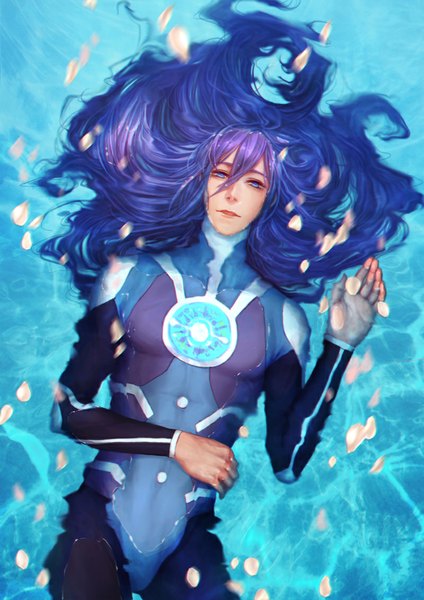 Anime picture 800x1132 with vocaloid kamui gakupo auau single long hair tall image looking at viewer blue eyes purple hair lying from above on back boy petals water bodysuit
