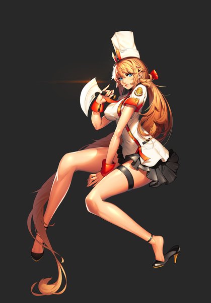 Anime picture 1258x1800 with original [saw] single tall image looking at viewer breasts blue eyes light erotic simple background large breasts very long hair orange hair legs black background girl skirt weapon miniskirt headdress