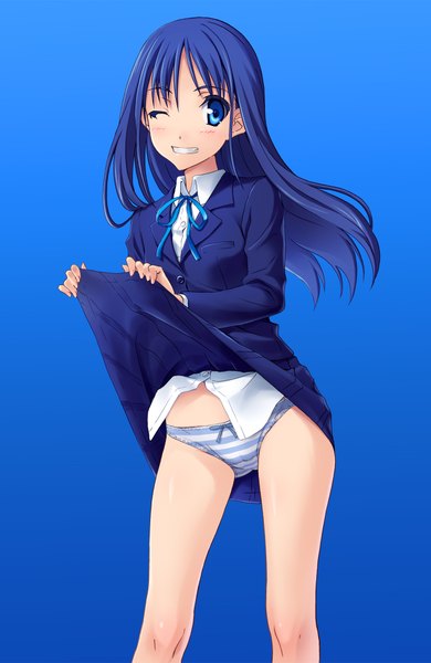 Anime picture 1300x2000 with original norizou type-r long hair tall image blue eyes light erotic simple background blue hair one eye closed wink skirt lift girl underwear panties