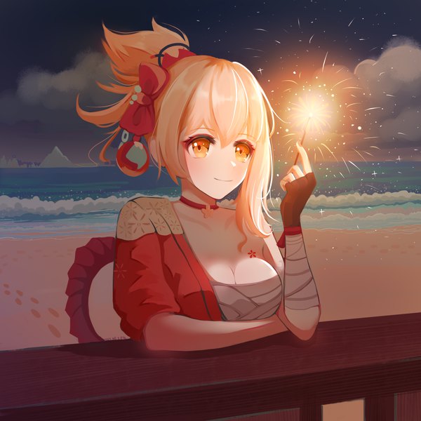 Anime picture 5000x5000 with genshin impact yoimiya (genshin impact) tudou fan single blush fringe highres short hair breasts light erotic blonde hair smile hair between eyes large breasts bare shoulders holding payot looking away absurdres cleavage