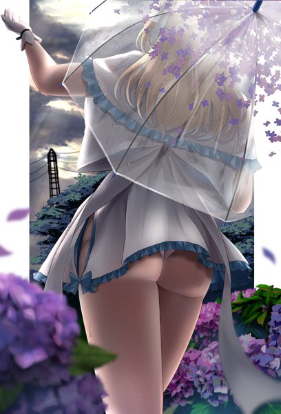 Anime picture 1394x2048 with original emori miku project emori el numaguro (tomokun0808) single long hair tall image light erotic blonde hair standing holding cloud (clouds) outdoors ass arm up from behind sunlight blurry from below wet