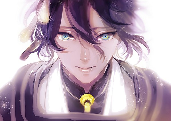 Anime picture 1166x829 with touken ranbu nitroplus mikazuki munechika ihiro single looking at viewer fringe short hair smile hair between eyes purple hair traditional clothes parted lips japanese clothes aqua eyes lips close-up boy headband