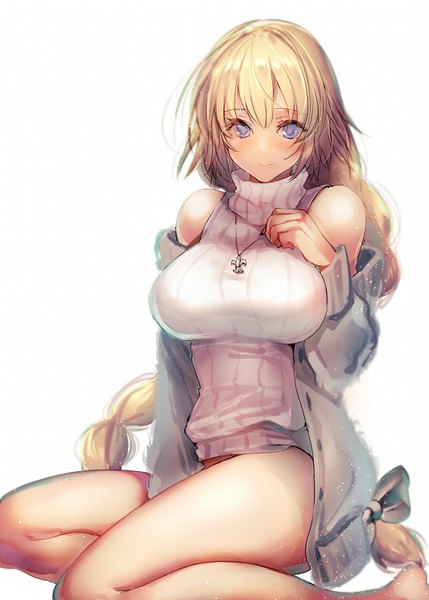 Anime-Bild 1072x1500 mit fate (series) fate/grand order jeanne d'arc (fate) (all) jeanne d'arc (fate) amane ruri single tall image looking at viewer blush fringe breasts blue eyes light erotic simple background blonde hair hair between eyes large breasts white background sitting bare shoulders