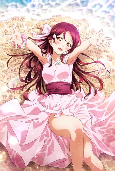 Anime picture 1381x2048 with love live! sunshine!! sunrise (studio) love live! sakurauchi riko kougi hiroshi single long hair tall image looking at viewer blush open mouth light erotic smile payot bent knee (knees) outdoors red hair lying :d from above