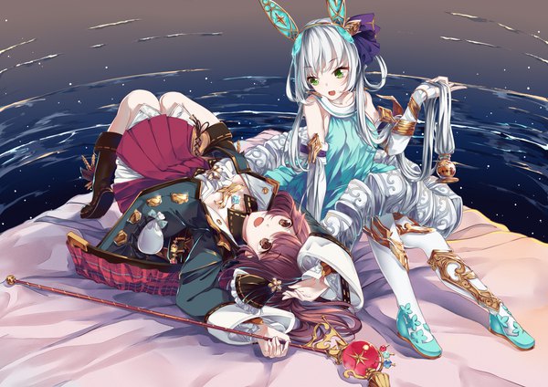 Anime picture 4093x2894 with atelier (series) atelier sophie gust (company) sophie neuenmuller plachta herrs long hair fringe highres open mouth hair between eyes sitting multiple girls holding brown eyes green eyes animal ears absurdres silver hair purple hair