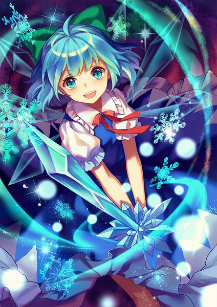 Anime picture 800x1131 with touhou cirno mirror (xilu4) single tall image looking at viewer short hair open mouth ahoge :d aqua eyes aqua hair sparkle puffy sleeves happy girl bow weapon hair bow sword