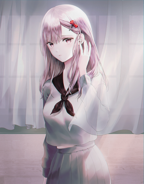 Anime picture 1800x2300 with original danah single long hair tall image looking at viewer fringe highres breasts standing brown eyes silver hair indoors long sleeves pleated skirt pale skin anaglyph hand on headphones girl skirt