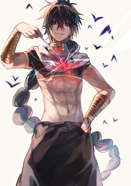 Anime picture 2508x3541 with magi the labyrinth of magic a-1 pictures judal tsugutoku single tall image looking at viewer fringe highres black hair smile hair between eyes red eyes standing white background braid (braids) very long hair traditional clothes midriff hand on hip