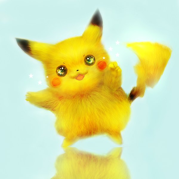 Anime picture 2000x2000 with pokemon nintendo pikachu 42 7 (pixiv id 1740974) single looking at viewer highres open mouth simple background smile lens flare reflection blue background gen 1 pokemon animal star (symbol) fur