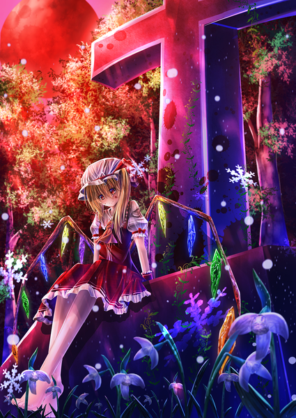 Anime picture 869x1228 with touhou flandre scarlet kakigouri tall image short hair blonde hair smile red eyes sitting ponytail barefoot bare legs side ponytail red moon girl dress flower (flowers) plant (plants) wings tree (trees)