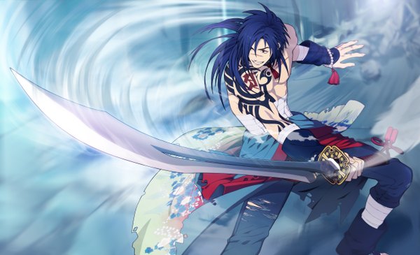 Anime picture 2466x1504 with dramatical murder nitro+chiral koujaku honya lala single long hair highres red eyes wide image bare shoulders blue hair traditional clothes tattoo scar boy weapon sword bandage (bandages)