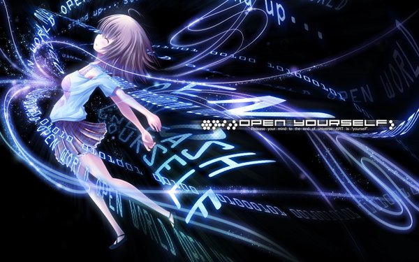 Anime picture 3360x2100 with original missle228 single highres short hair wide image absurdres purple hair ahoge eyes closed profile pleated skirt inscription spread arms girl