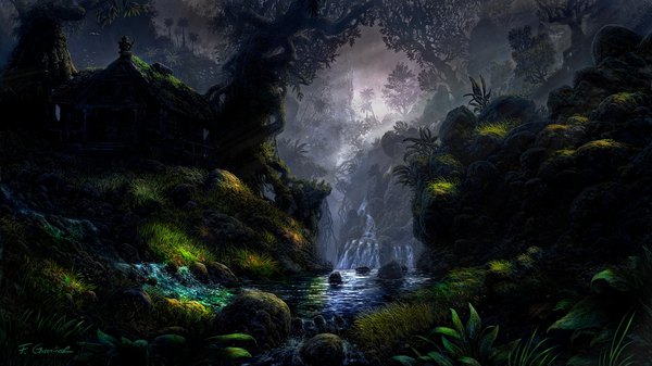 Anime picture 1920x1080 with original fel-x (artist) highres wide image signed wallpaper no people landscape scenic river nature waterfall abandoned plant (plants) animal tree (trees) water bird (birds) building (buildings) grass