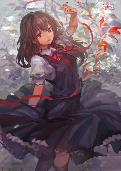 Anime picture 1000x1415 with original lm7 (op-center) single long hair tall image looking at viewer open mouth red eyes brown hair girl dress flower (flowers) ribbon (ribbons)