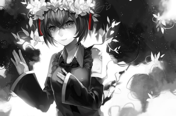 Anime-Bild 2000x1320 mit vocaloid nisoku hokou (vocaloid) hatsune miku longyu single long hair fringe highres black hair hair between eyes twintails looking away upper body hand on chest monochrome spot color girl flower (flowers) detached sleeves wreath