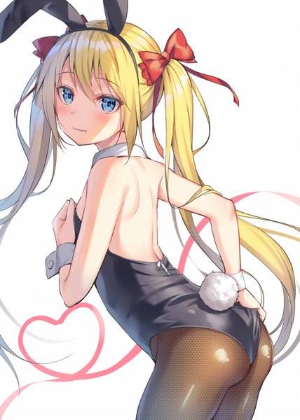 Anime picture 1071x1500 with original alexmaster single long hair tall image looking at viewer blush fringe blue eyes light erotic simple background blonde hair hair between eyes standing white background bare shoulders animal ears payot ass tail