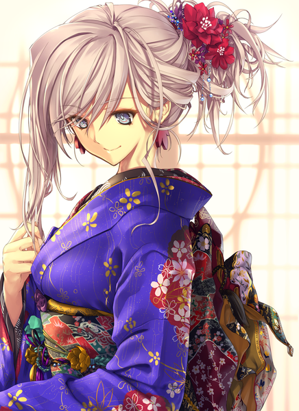 Anime picture 1398x1920 with fate (series) fate/grand order miyamoto musashi (fate) kawanakajima single long hair tall image fringe breasts smile hair between eyes standing silver hair upper body traditional clothes japanese clothes hair flower grey eyes floral print looking down