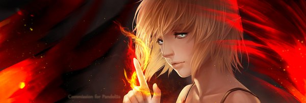 Anime picture 1836x620 with original myme1 single looking at viewer fringe short hair blonde hair wide image upper body parted lips dark background silver eyes girl flame