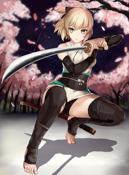 Anime picture 900x1213 with fate (series) fate/grand order koha-ace okita souji (fate) (all) okita souji (koha-ace) jilllxlxl single tall image blush fringe short hair breasts light erotic blonde hair hair between eyes holding yellow eyes looking away full body bent knee (knees)