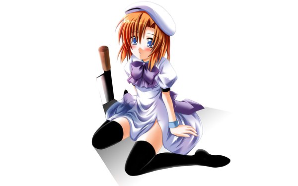 Anime picture 1680x1050 with higurashi no naku koro ni studio deen ryuuguu rena looking at viewer blush fringe short hair blue eyes simple background hair between eyes wide image white background sitting parted lips orange hair wariza girl thighhighs dress bow