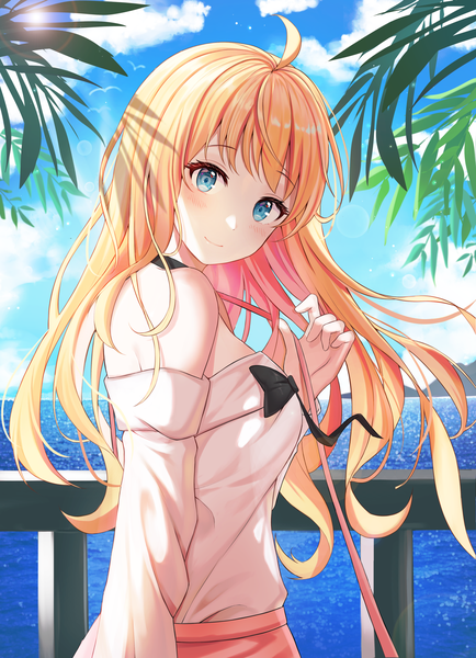 Anime picture 2000x2760 with king's raid artemia (king's raid) niji (rudduf232) single long hair tall image looking at viewer blush fringe highres breasts blue eyes blonde hair smile standing bare shoulders holding sky cloud (clouds) upper body