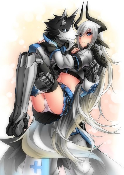 Anime picture 1157x1636 with original pixiv fantasia sigma99 tall image blush light erotic smile animal ears silver hair tail very long hair horn (horns) pantyshot silver eyes girl thighhighs gloves navel underwear panties