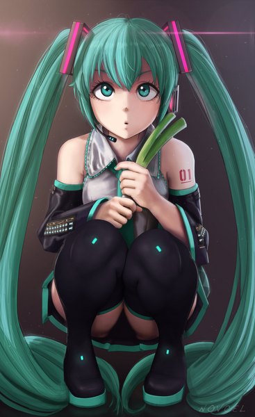 Anime picture 1280x2089 with vocaloid hatsune miku novcel single tall image looking at viewer light erotic twintails very long hair aqua eyes aqua hair pantyshot dark background looking up pantyshot sitting squat girl thighhighs skirt hair ornament
