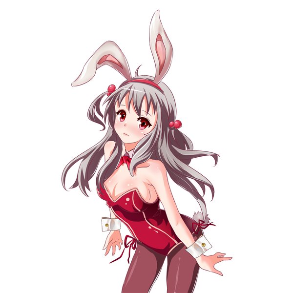 Anime picture 1000x1000 with original moe (450367098) single long hair looking at viewer blush light erotic simple background smile red eyes white background twintails bare shoulders animal ears cleavage ahoge tail animal tail grey hair bunny ears