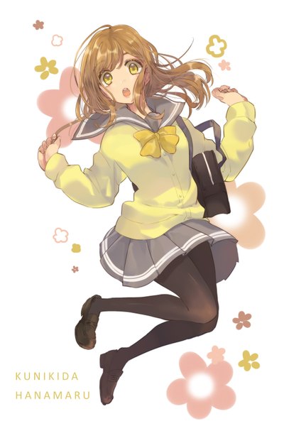 Anime picture 1100x1650 with love live! sunshine!! sunrise (studio) love live! kunikida hanamaru hino hinako single long hair tall image looking at viewer fringe open mouth brown hair white background yellow eyes full body character names spread arms jumping floral background girl