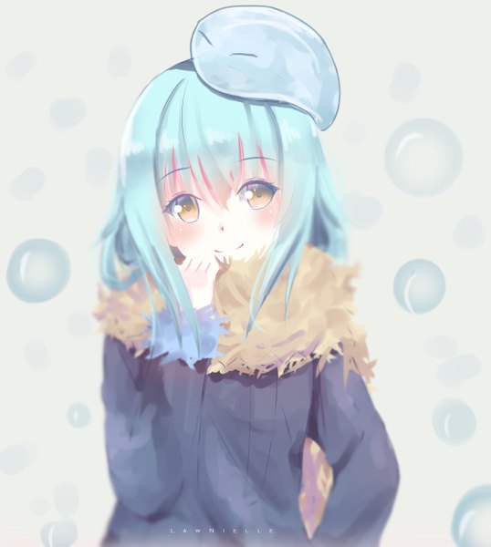 Anime picture 2216x2471 with tensei shitara slime datta ken 8bit rimuru tempest lawnielle single long hair tall image blush fringe highres simple background smile hair between eyes signed yellow eyes upper body head tilt aqua hair grey background fur trim