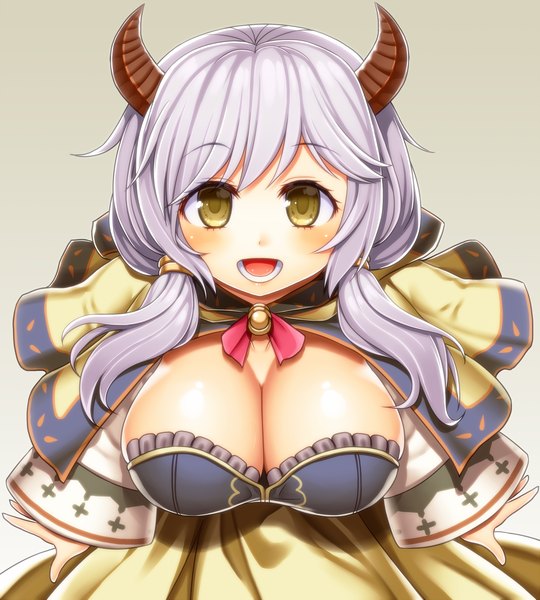 Anime picture 1500x1666 with granblue fantasy camieux asamura hiori single long hair tall image blush breasts open mouth light erotic large breasts yellow eyes cleavage purple hair horn (horns) draph girl dress