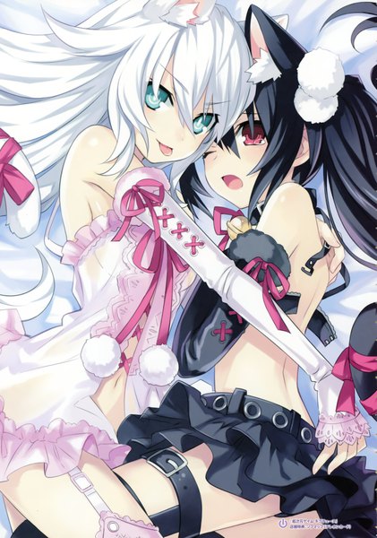 Anime picture 4877x6950 with choujigen game neptune noire black heart tsunako long hair tall image looking at viewer fringe highres open mouth light erotic black hair hair between eyes red eyes bare shoulders multiple girls animal ears absurdres white hair tail
