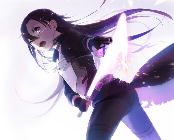 Anime picture 1277x1028 with sword art online a-1 pictures kirigaya kazuto alice 1218 single long hair open mouth purple eyes holding looking away purple hair from below dual wielding otoko no ko glowing weapon boy gloves weapon sword black gloves
