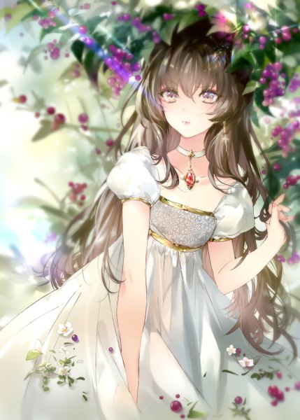 Anime picture 898x1257 with original kinokohime single long hair tall image blush fringe hair between eyes brown hair standing brown eyes looking away nail polish lips sunlight blurry short sleeves depth of field puffy sleeves multicolored eyes