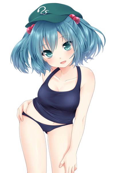 Anime picture 1540x2320 with touhou kawashiro nitori etou (cherry7) single tall image blush short hair open mouth blue eyes light erotic simple background white background blue hair girl swimsuit one-piece swimsuit school swimsuit flat cap