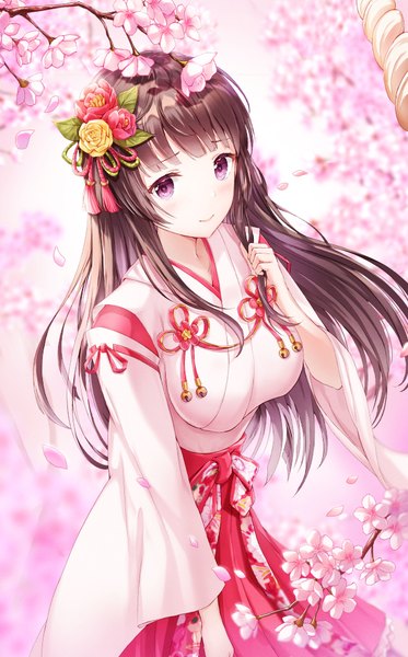 Anime picture 632x1016 with bang dream! shirokane rinko lunacle single long hair tall image looking at viewer blush fringe brown hair standing purple eyes payot outdoors traditional clothes japanese clothes arm up hair flower light smile blurry