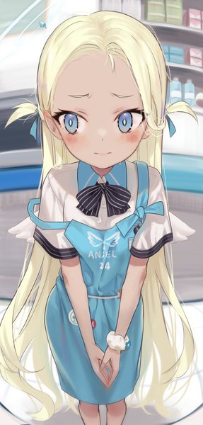 Anime picture 1667x3480 with blue archive sora (blue archive) torriet single long hair tall image blush blue eyes blonde hair looking away indoors two side up embarrassed wrist scrunchie angel's 24 uniform (blue archive) girl apron scrunchie