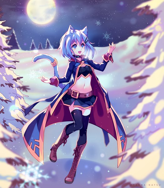 Anime picture 1050x1200 with original hyanna-natsu single tall image fringe short hair open mouth smile hair between eyes standing signed animal ears blue hair looking away full body bent knee (knees) tail animal tail arm up blurry