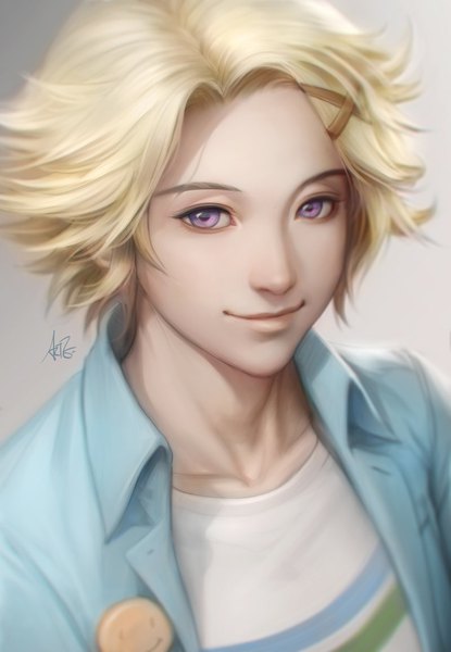 Anime picture 800x1156 with mystic messenger yoosung artgerm (stanley lau) single tall image looking at viewer short hair simple background blonde hair smile purple eyes signed upper body lips realistic grey background open shirt portrait boy hair ornament